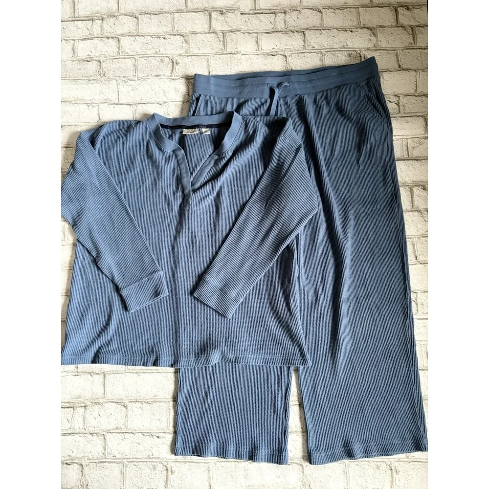 L.L.Bean Women's Soft Waffle Sleep Set Blue‎ XL Wide Leg